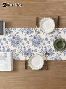 1pc French Toile De Jouy Classic Blue & White Floral Print Table Runner, Microwave Dust Cover, Protective Cover, Available In Multiple Sizes, Suitable For Home Dining, Kitchen Decor, Home Decor, Outdoor Party And Restaurant Decoration, Linen-Like Texture - Multicolor - View 6
