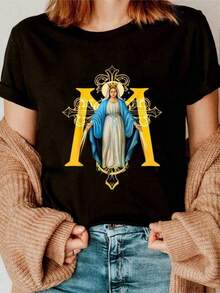 Our Lady Of Guadalupe T-Shirt - Catholic Icon For Women And Unisex, Short Sleeve, Soft And Breathable, Round Neck With Religious Print In Spanish And English, Design Of The Apparition Of Guadalupe, Machine Washable Faith Clothing, Christian Belief Print, Pure Cotton, Soft And Breathable, For Daily Wear Or At Church, Ideal For Believers And Gifts, T-Shirt With Bible Verse Print And Jesus Commemorative Design, Limited Edition For Religious Festivals - 黑色 - 查看 1