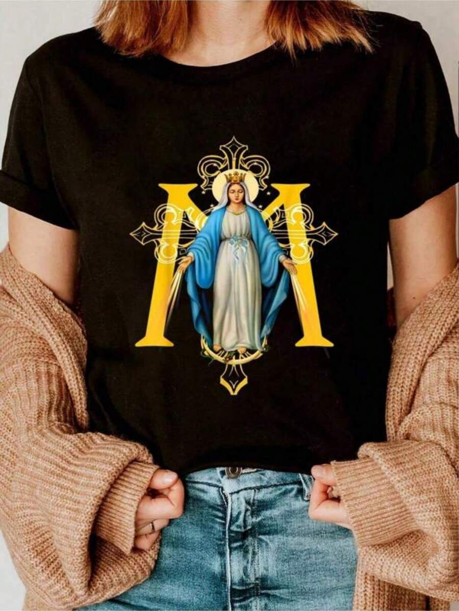 Our Lady Of Guadalupe T-Shirt - Catholic Icon For Women And Unisex, Short Sleeve, Soft And Breathable, Round Neck With Religious Print In Spanish And English, Design Of The Apparition Of Guadalupe, Machine Washable Faith Clothing, Christian Belief Print, Pure Cotton, Soft And Breathable, For Daily Wear Or At Church, Ideal For Believers And Gifts, T-Shirt With Bible Verse Print And Jesus Commemorative Design, Limited Edition For Religious Festivals - 黑色 - 查看 1