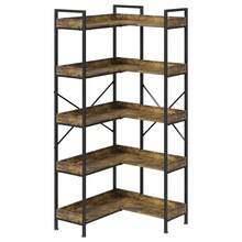 Estantería industrial de 5 niveles en forma de L - Armario de almacenamiento independiente de metal y madera - Estantes abiertos con 4 ganchos - Librero esquinero ahorrador de espacio para sala, dormitorio u oficina, color marrón rústico - Marrón Chocolate - Ver 3