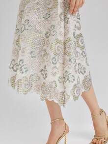 Rich Radi Q's Women's Fashion A-Line Skirt, Elegant Mid-Length Design, Woven Fabric With Contrasting Lace Belt, Suitable For Summer Wear - White - View 9