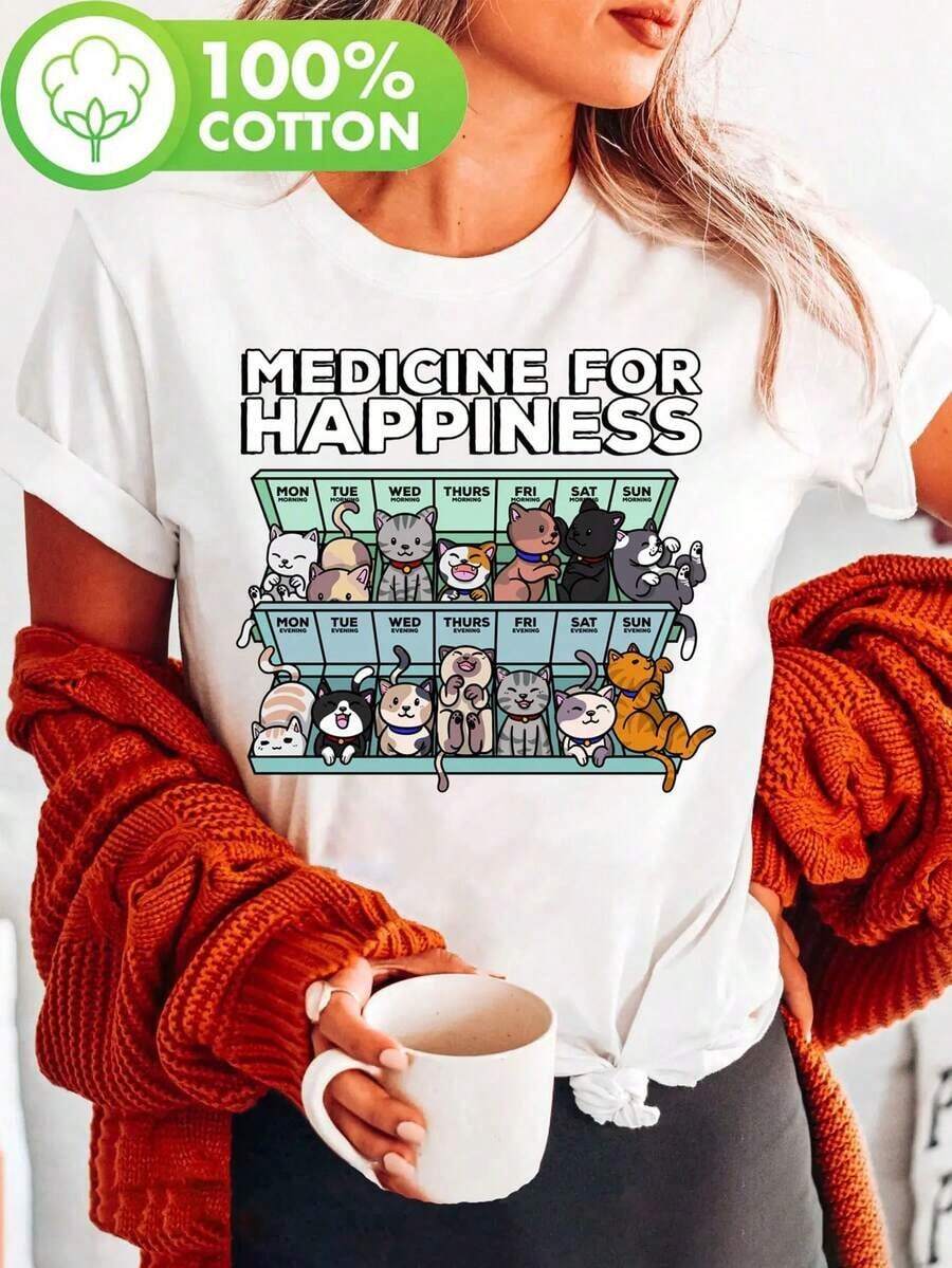 short-sleeveCamiseta con estampado "My+Medicine+for+Happiness+Called+Cats+every+day", manga corta, cuello redondo, top casual para verano y primavera, ropa de mujer.100% Cotton - Blanco - Ver 1