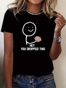 Camiseta Divertida para Mujer Cerebro Perdido - Estampado Lateral con Diseño de Cerebro, Cuello Redondo, Lavable aáquina - para Atuendos Casuales y Eventos Temáticos - Negro - Ver 3