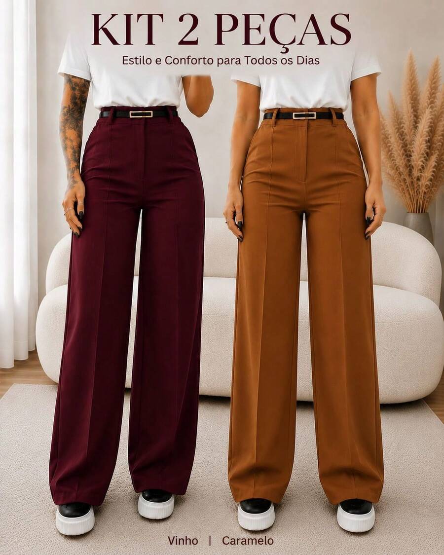 Kit Of 2 Women's Tailored Wide Leg Pants With Belt - Wine / Caramel - View 1