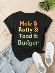 Women's Vintage Casual Short Sleeve T-Shirt - Round Neck With Mole, Ratty, Toad, And Badger Print, Summer Top, Machine Washable, Women's T-Shirts, Casual Outfit, Modern Style, Comfortable Fit

-WhiteFashion - 黑色 - 查看 2