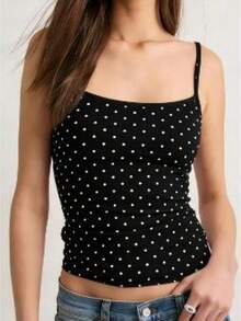Top de tirantes con cuello cuadrado y estampado de lunares para mujer - Negro - Ver 1