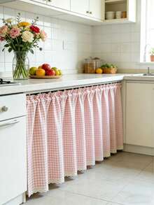 1 buah Taplak Meja Tirai Pendek Motif Kotak-kotak Gaya Rumah Pertanian, Dekorasi Trim Renda Rajutan Unik, Tirai Jendela Gaya Kafe, Cocok Untuk Jendela Dapur Dan Kamar Mandi - Berwarna merah muda - View 5