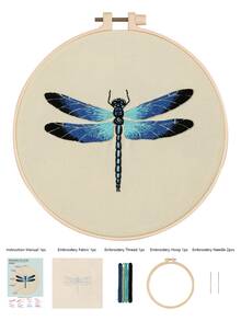 1 Set Unfinished Dragonfly Pattern Embroidery Kit, Approx. 20cm Diameter, Simple & Easy For Beginners, Suitable For Decor, Wall Hanging, Craft - Material Kit B - View 5