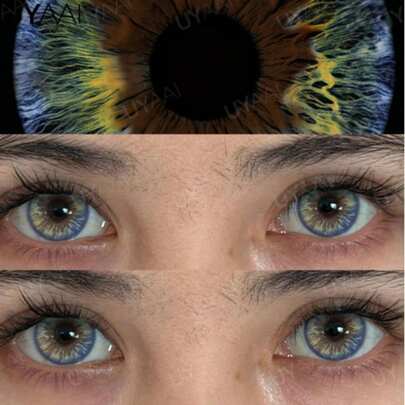  1 par de lentes de contacto de color azul-dorado mezclado de 14.2mm de UYAAI, con efecto de pupila natural, de material de hidrogel suave adecuado para uso diario y maquillaje de festival, cómodo para todo el día, sin irritación, perfecto para maquillaje punk y electrónico de chica