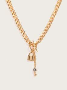 Altistry 1pc Lock & Key Chain Rhinestone Key Charm Necklace - Yellow Gold - View 2
