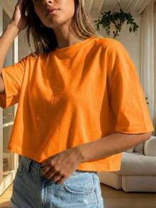 Blusa de mujer de cuello redondo, manga corta, holgada y casual, de estilo minimalista, elegante y sexy Y2K, adecuada para uso diario, oficina, hogar, exterior, primavera/verano - Naranja - Ver 4