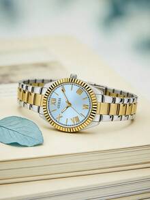 Guess Women's Ice Blue Dial Two-Tone Watch Gold Fluted Bezel Roman Numeral Stainless Steel Bracelet Luxury Fashion Ladies Quartz Wristwatch — Elegant for Brunch, Office, Date Night, Wedding & Travel | Mom Wife Girlfriend Sister Birthday Mother's Day Anniversary Giftent Anniversary Giftent Sister Birthday Mother's Day Anniversary Giftent Anniversary Gent。 - 銀間金 - 查看 4