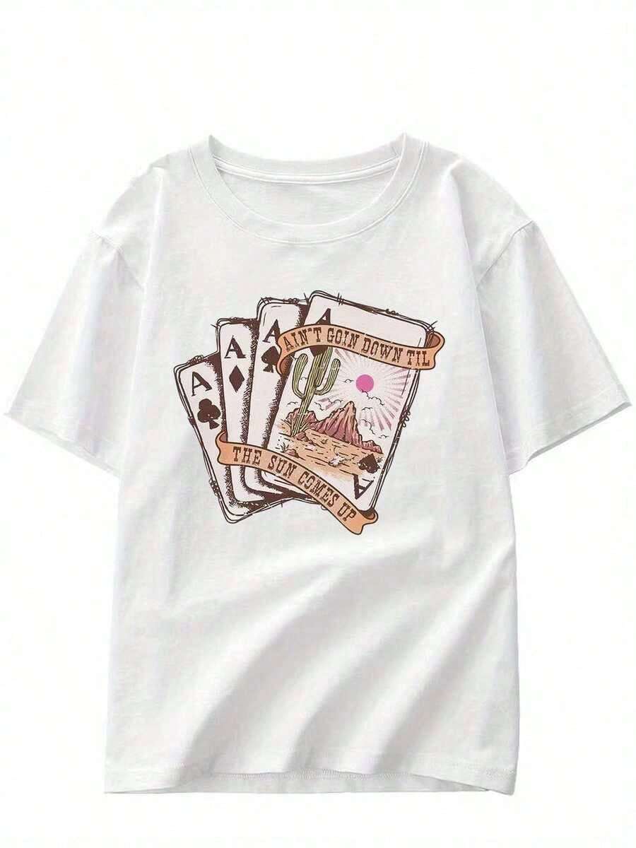 Solt Traceable Cotton Women's Pure Cotton Short Sleeve T-Shirt With Western Desert Cactus Print, Crew Neck, Style T30 With Personality Design. - 白色 - 查看 1