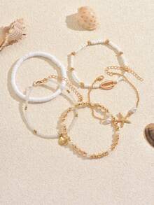 5 món đồ trang sức kiểu Bohemian Ocean Style làm từ đất sét mềm đính ngọc trai giả CCB, vỏ sò sao biển giả kim loại, thích hợp để phối cùng các vật dụng hàng ngày khi đi nghỉ mát ở bãi biển. - trắng - Xem 5