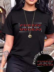 Camiseta suave 100% algodón, camiseta informal de cuello redondo y manga corta para mujer, de longitud regular, con estampado gráfico, material ligeramente elástico, color negro, camiseta de algodón transpirable, combina con todo, genial. - Negro - Ver 2