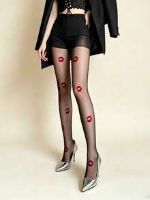 1 Pair Kiss Mark Pattern Shaping Pantyhose Sexy Cute For Date Night Daily Wear Spring Fall - Multicolor - View 7