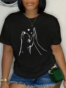 Women's T-Shirt, New Summer Short Sleeve Round Neck T-Shirt For Women, Cat And Heart Print, Loose Casual Top, Fashionable Casual Outfit For Women, Night Out Tops For Women - 黑色 - 查看 7