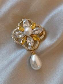 Conjunto de broches de flor con perlas y cristales, alfileres de solapa elegantes con camelias y flores de tono dorado para mujeres - Multicolor - Ver 4