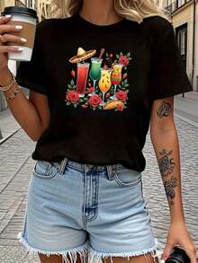 T-Shirt With Mexican Straw Hat, Cocktail, Pink, And Taco Print - Women's Casual Short-Sleeve Crew Neck Tee, Cheerful And Fun, Suitable For Casual Shopping, Dates, Holiday Gifts, And Outfits For Get-Togethers With Friends And Vacations. Women's Warm Clothing - 黑色 - 查看 1
