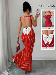 asdElenzga Vestido de verano elegante y vintage de mujer con estilo francés, con lunares, espalda descubierta, bloques de color, lazo y cola de pez, adecuado para citas y fiestas, atuendo grácil y encantadorasd SCOM - Multicolor - Ver 1