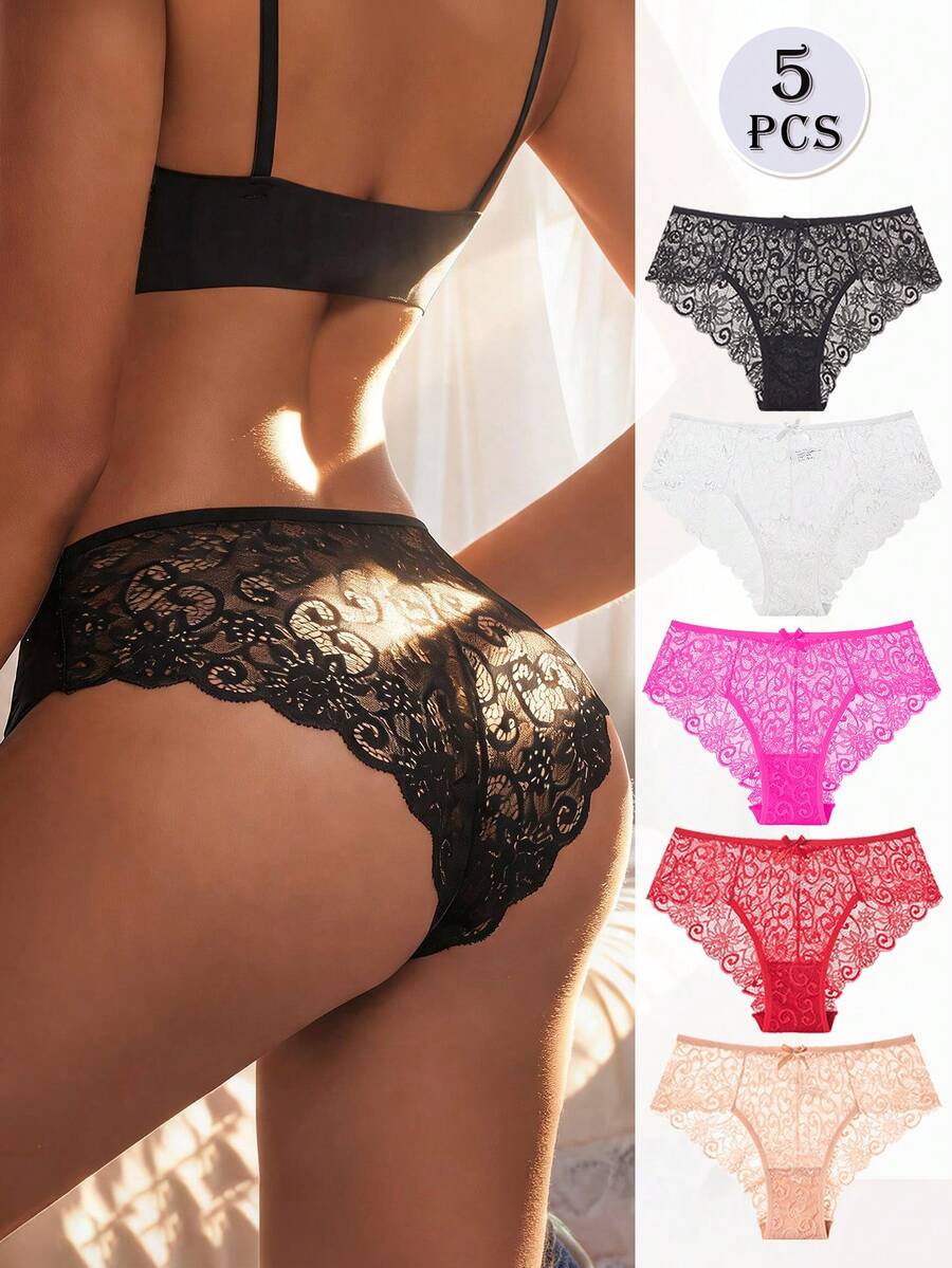 Bộ 5 chiếc quần lót dây mảnh ren xuyên thấu thắt nơ gợi cảm dành cho nữ. - Nhiều màu - Xem 1