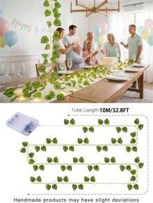 1件 2M/5M/10M 綠色人造常春藤葉藤蔓附銅線LED燈串，電池供電，適用於房間、臥室、院子裝飾，營造春季節慶氛圍 - 暖光 - 查看 7