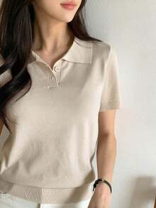 Blusa de punto de manga corta con contraste de rayas, casual de negocios - Beis - Ver 7