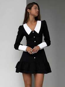 Vestido negro francés ins 2026, cuello solapa bicolor, corte ajustado favorecedor - Negro - Ver 1