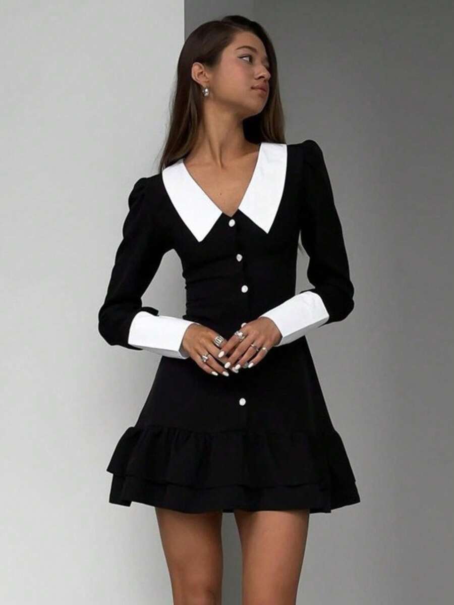 Vestido negro francés ins 2026, cuello solapa bicolor, corte ajustado favorecedor - Negro - Ver 1