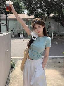 女士纯色圆领休闲收腰短袖T恤，夏季 - 綠色 - 查看 10