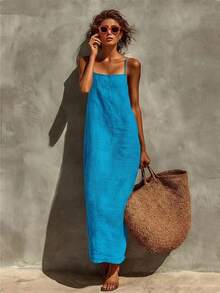 Women's Linen Blend Slip Maxi Dress, Square Neck Sleeveless Casual Dress For Beach & Vacation - 紅色 - 查看 11