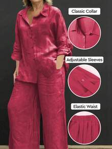Cardigan casual con cuello polo ligero, blusa elegante de unicolor versátil adecuada para la playa, el diario, el trabajo, las compras, de tela suave, pantalones sueltos con cintura elástica, conjunto de 2 piezas, primavera/verano/otoño - Rojo - Ver 2