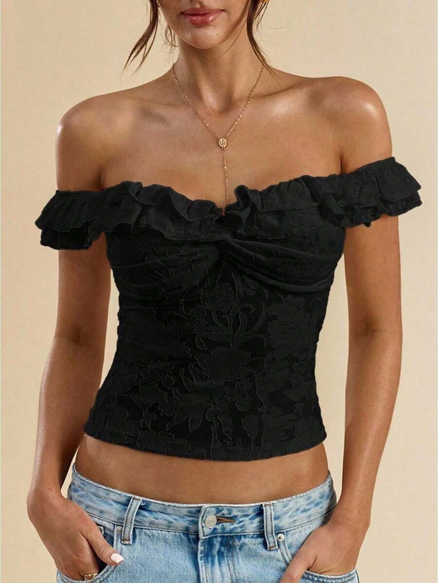 Women Summer Coquette Off Shoulder Ruffle Lace Crop Top Twist Front Short Sleeve Blouse - Black - View 1