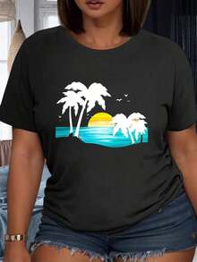 Playeras de Mujer con Estampado Tropical de Palmeras y Atardecer, Camiseta Gráfica para Mujer, Temática de Vacaciones de Verano, Ropa Casual, Camisa Blanca, Atuendo para Fiesta al Aire Libre, 220G - Negro - Ver 6
