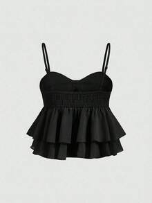 Top de tirantes con volantes y pliegues de color rosa dulce para mujer, top corto de verano - Negro - Ver 2