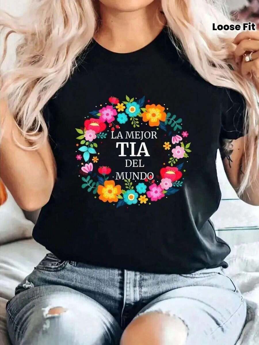 Camiseta original para la tía, diseño floral divertido para mujer, ideal para regalo familiar. Disponible en , tallas S a XL. Ropa casual moderna, lo último en moda.Pure-Cotton - Negro - Ver 1