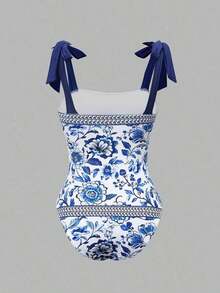 Swim Oasis Conjunto de traje de baño de una pieza con estampado floral y pareo a juego, estilo BOHO para vacaciones de primavera/verano - Multicolor - Ver 8
