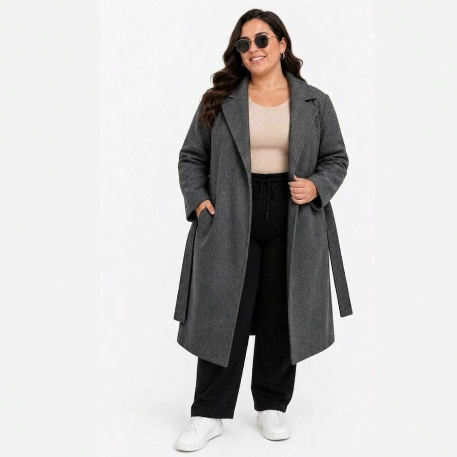 Plus Size Long Wool Overcoat With Belt Sbtpl-009 - Dark Grey - View 1