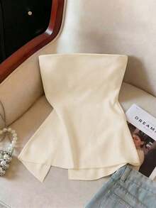 Nueva Moda Primavera/Verano Sexy Blusa Bandeau con Abertura, Cintura Suave Fruncida y Estampado de Lunares Blancos - Albaricoque - Ver 2
