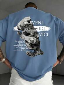 Camiseta de Algodón para Hombre, Negra, de Manga Corta, con Estampado Abstracto de Retrato Escultórico - Azul grisáceo - Ver 3