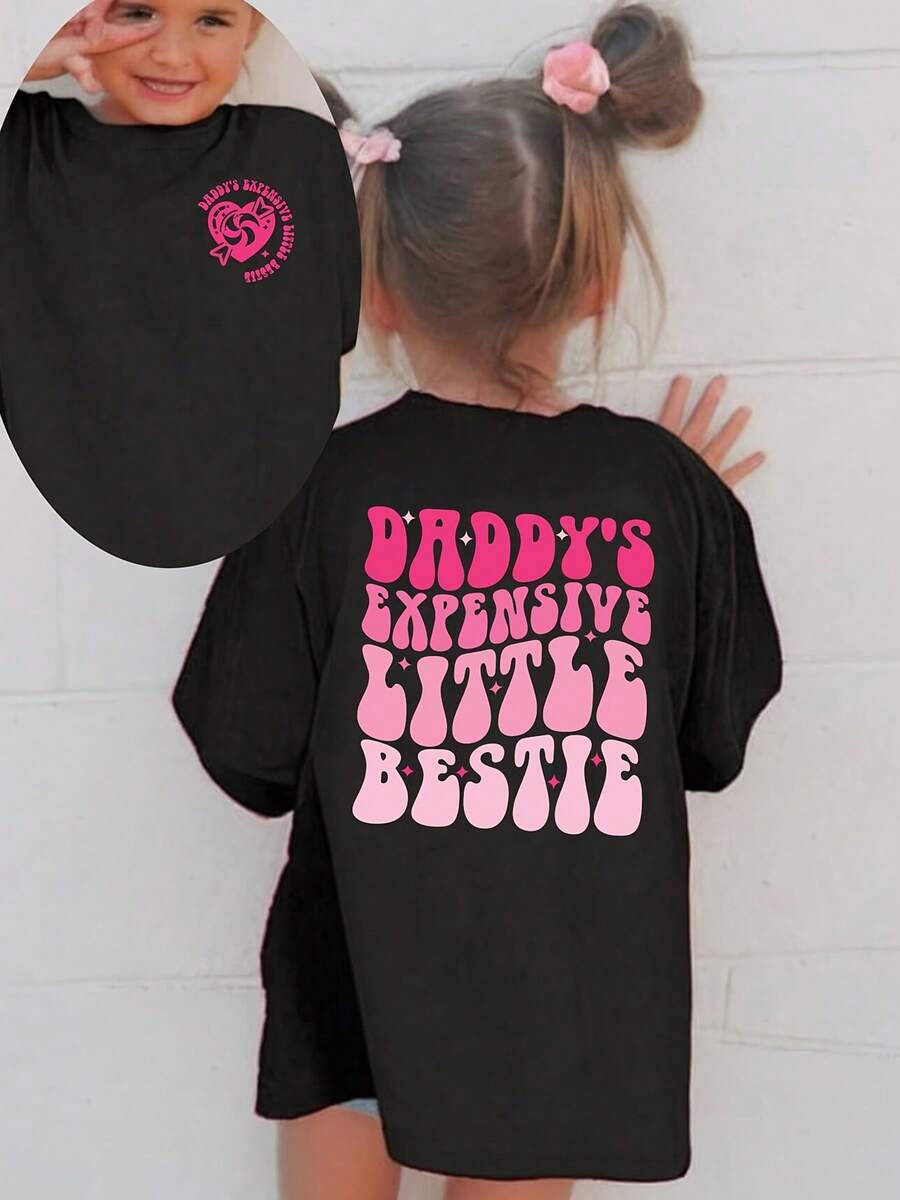 1 Piece Girls' Summer Short Sleeve T-Shirt "DADDY'S EXPENSIVE LITTLE BESTIE" With Heart And Candy Elements, Double-Sided Print, Versatile Casual Top NY-DX9014180g 100% Cotton - 黑色 - 查看 1
