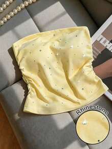 Nuevo top bandeau ajustado y sexy con adornos de strass, adecuado para uso diario, fiestas y citas - Amarillo - Ver 3