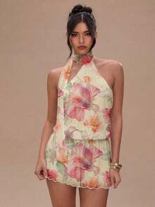 Vestido mini halter casual y sexy con estampado floral tie-dye marrón, estilo corto plisado adecuado para vacaciones y fiestas de primavera/verano - Multicolor 4 - Ver 5