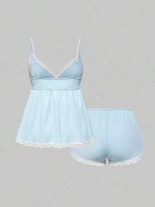 Conjunto de pijama casual de camiseta de tirantes acanalada y shorts con encaje - Azul - Ver 2