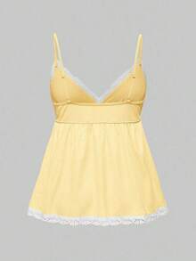 Conjunto de pijama casual de camiseta de tirantes acanalada y shorts con encaje - Amarillo - Ver 6