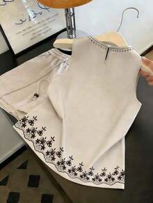 Camisa casual sin mangas de cuello redondo estilo vintage para mujer, estilo de vacaciones de verano - Albaricoque - Ver 2