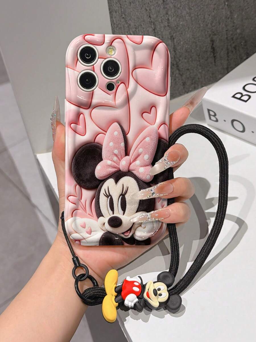 This Disney Mickey Mouse Lanyard Phone Case Is Fully Covered In TPU Material. It's Shockproof, Lightweight, And Compatible With IPhone17/16/11/13/15/15 Plus/15 Pro/15 Pro Max/12/14 Pro Max/11 Pro Max/12 Pro/12 Pro Max/13. This Phone Case Makes A Popular Birthday Gift Or Business Gift; It's Durable, Stain- And Fingerprint Resistant, And Suitable For Both Men And Women. The Set Also Includes A Mickey Mouse Phone Case And A Mickey Mouse Plush Bracelet. It's A Perfect Gift For Friends And Family. This Stylish Phone Case Is Fun, Lightweight, And Durable. IPhone17 Pro Max Phone Case, Minnie Mouse Phone Case. - White - View 1
