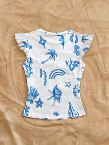 Camiseta casual de mujer con cuello redondo, mangas de volantes y estampado floral, blusas florales para mujer, blusas con mangas de volantes, para salir, blusas de manga corta lindas - Azul y blanco 3 - Ver 2