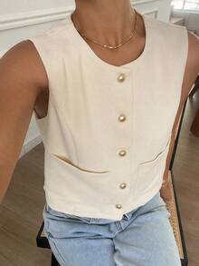Chaqueta ajustada sin mangas de cuello redondo de unicolor para mujer, primavera/verano - Albaricoque 2 - Ver 7