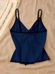 Top de tirantes con lazo y ribete de lechuga en contraste, elegante y ajustado, top para salir para mujeres, apto para el estilo del milenio - Azul marino - Ver 2